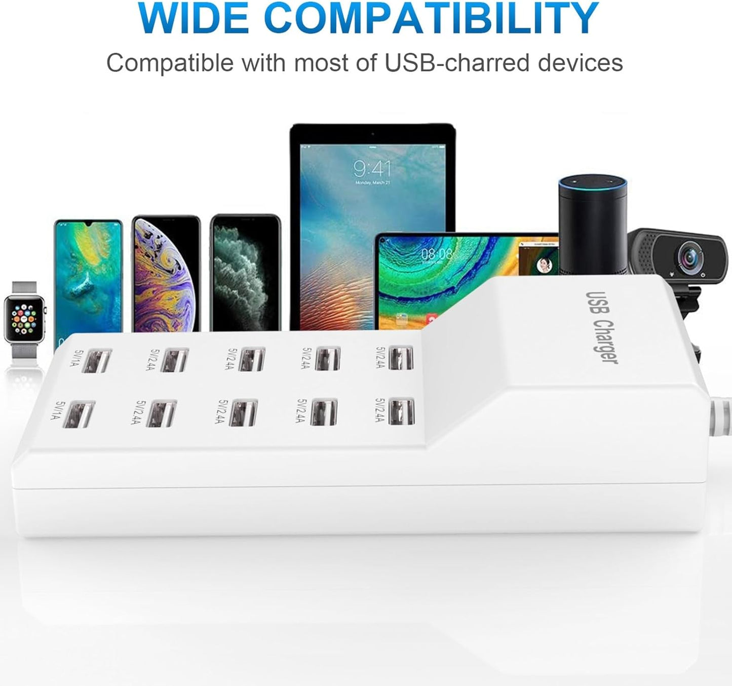 QIONMAR USB Wall Charger USB Charging Station for Multiple Devices USB Charger 10-Ports Power Hub Strip Smart Plug Charging Dock Charge Block Compatible with iPhone 15,iPod,Galaxy S Smart Phones