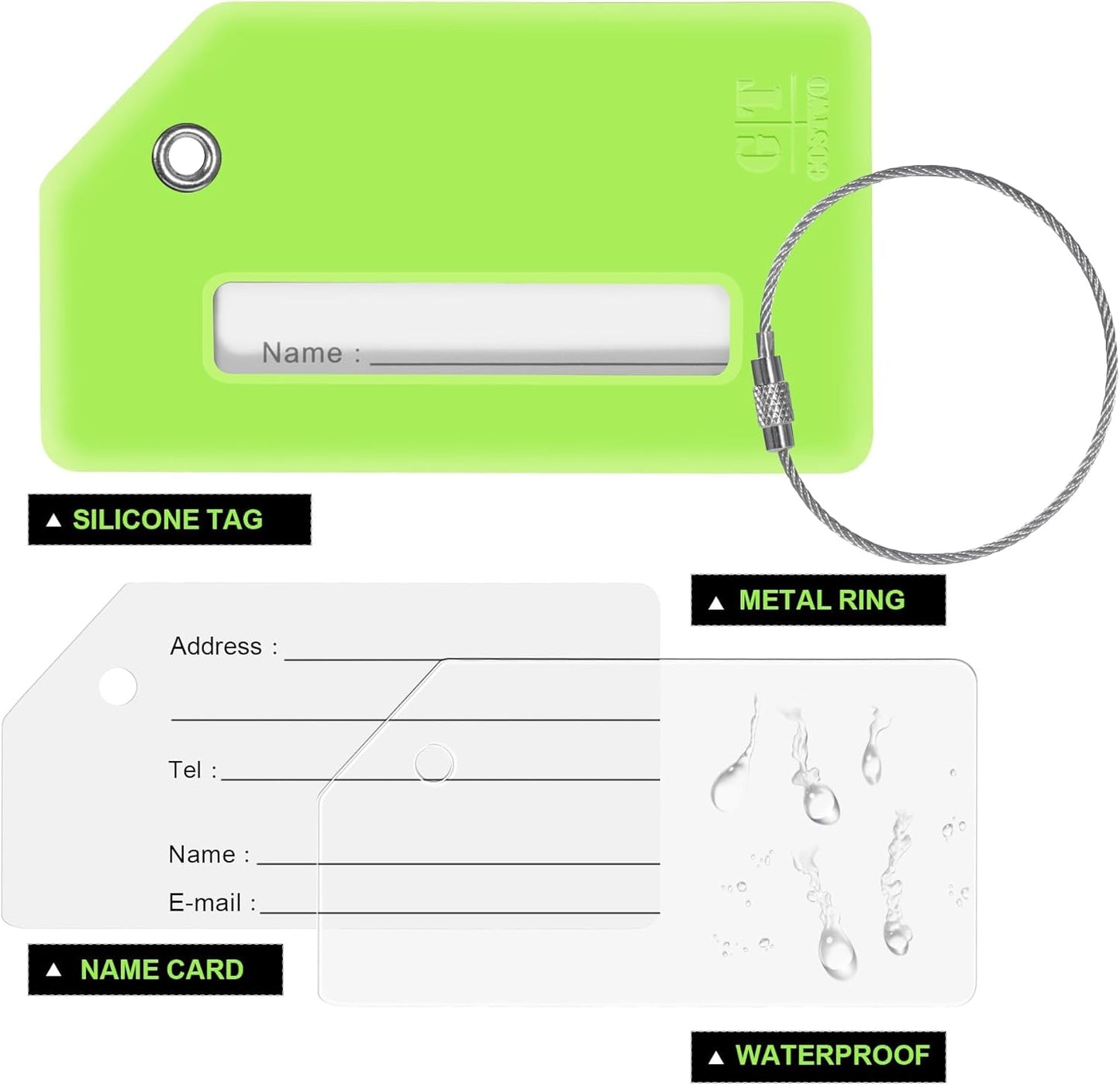 8 Pcs Luggage Tags for Suitcases, 26 Initial Letter Travel Luggage Baggage Identification Labels ID Tags Fully Bendable Tags with Stainless Steel Loop (Letter W, Green)