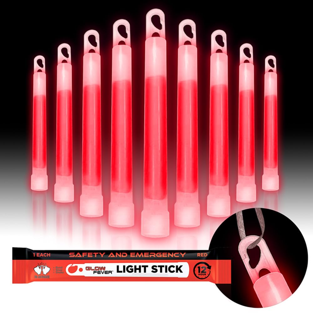 Glow Fever Emergency Safety Military Grade Glow Sticks; 10pcs, 6" Ultra Bright Glow Sticks with 12 Hours Duration. Great for Hiking, Party, Camping, Blackouts, Hurricane and Survival Kits (Red)
