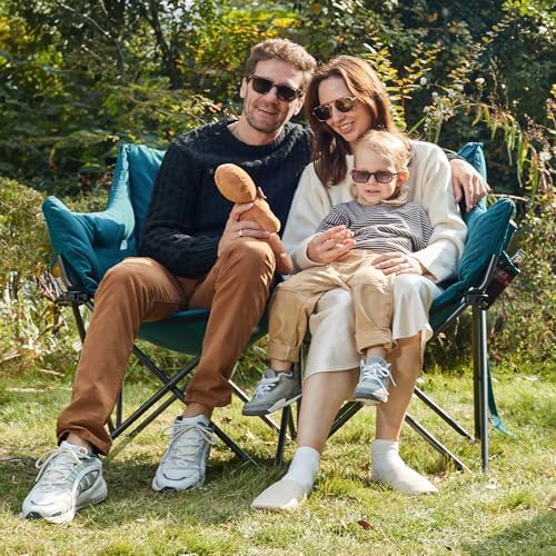 EVER ADVANCED Double Camping Chair for Adults, Padded Folding Camping Love Seat with Side Pocket Portable Camping Couch, Two Person Heavy Duty Folding Outdoor Chair with Cushion,Support 600lbs,Green
