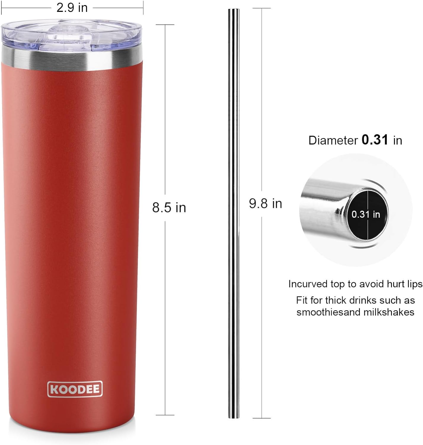 koodee Coffee Tumbler 20 oz Stainless Steel Double Wall Vacuum Insulated Skinny Tumbler with Lid and Straw, Beach Cup for Women and Girls(Canyon Red)