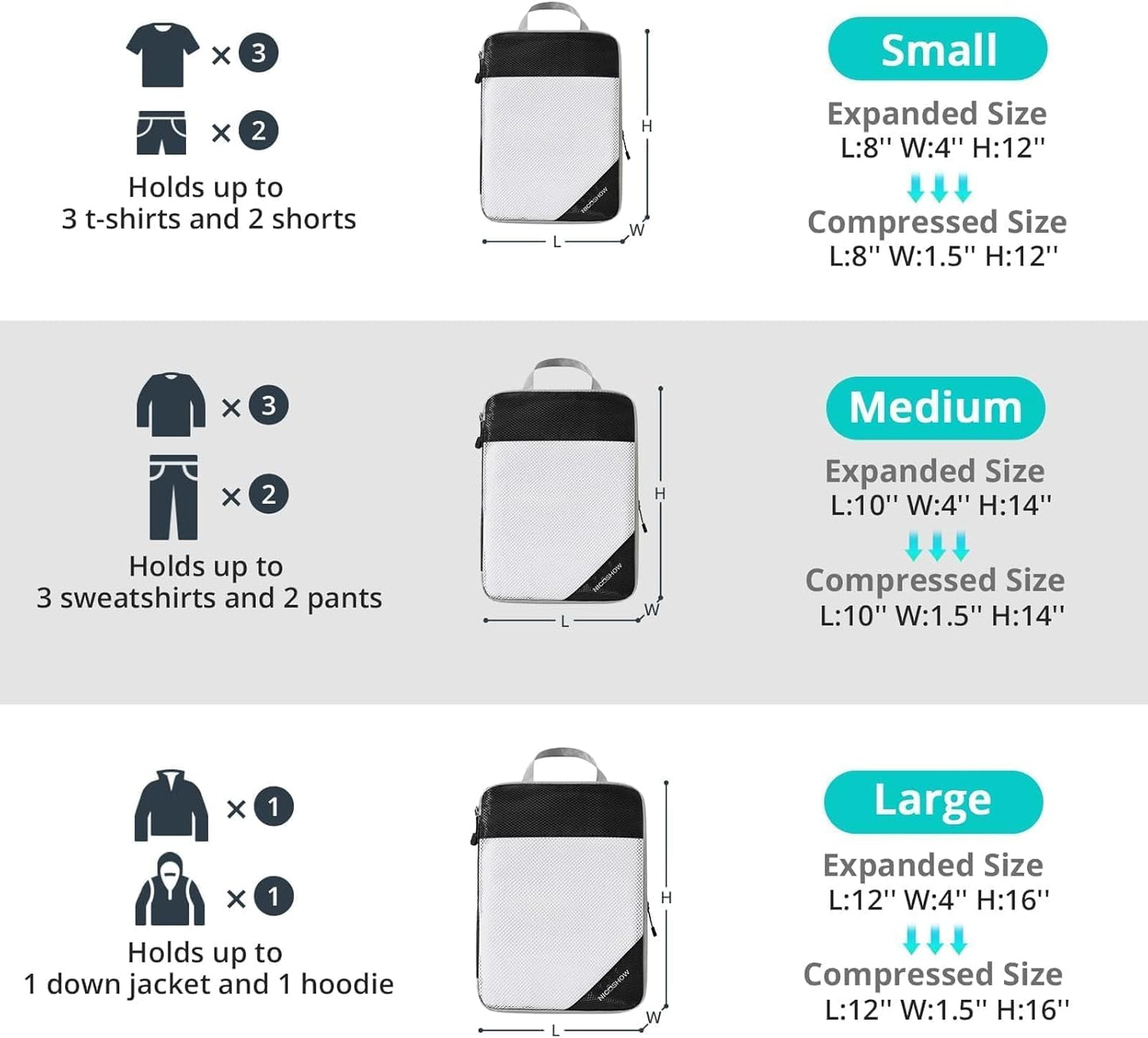 7 Set Compression Packing Cubes for Travel - Compressible, Lightweight, and Space-Saving Packing Cubes, Travel Essentials for Women, Black