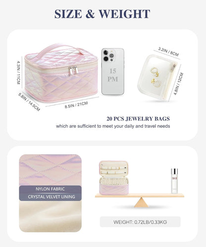 Large Travel Jewelry Organizer Box with 20 Clear Velvet Bags, Anti-Tangle & Anti-Oxidation Jewelry Case for Rings, Earrings, Necklaces & Bracelets – Quilted Pink Design, Gift for Women & Girls, Pink