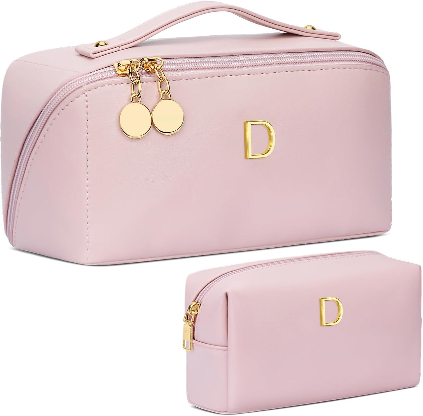 Birthday Gifts for Women Teen Girl, Personalized Initial Makeup Organizer Bag Set, Open Flat Travel Cosmetic Bag With Clear Divider and Handle(Pink,D)