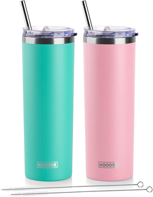 koodee 20 oz Skinny Tumbler (2 Pack) Stainless Steel Double Wall Insulated Water Tumbler Cup with Straw, Slim Travel for Women Diy Birthday Gift (Teal-Pink)