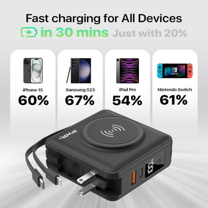 PWR Travel PRO 5-in-1 Power Bank – 10,000mAh with Built-in Cables – 20W USB-C + 15W Wireless Charging – Compact Portable Charger for iPhone & Android- Black