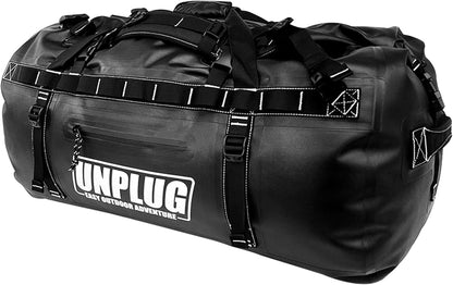 UNPLUG Ultimate Adventure Bag | 1680D Heavy Duty Waterproof Bag | Large Travel Duffle Bag which can be Used for Camping, Motorcycling, Boating, or Hunting (65L Blackops)
