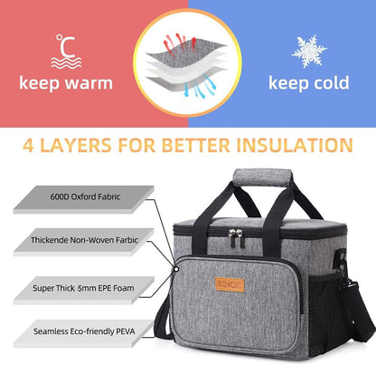 iknoe Thickened Lunch Bag - Soft Coolers Insulated, Leak Proof Tote with Zippered Top - Great for Work, Picnic, Beach - 18-Can Capacity, Grey