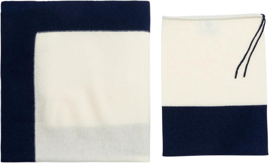 Jet&Bo Luxurious Cashmere Merino Blend Travel Blanket, Airplane-Ready in Packable Pouch, Soft, Lightweight and Breathable (White and Navy)