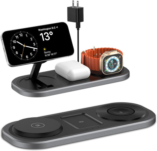 3 in 1 Fast Wireless Charger Stand for iPhone, Foldable Travel Charging Station for Magsafe for iPhone 17/Air/16/15/14/13/12 Series, Apple Watch Series, AirPods pro/2/3/4, Gifts for Women Men (Black)