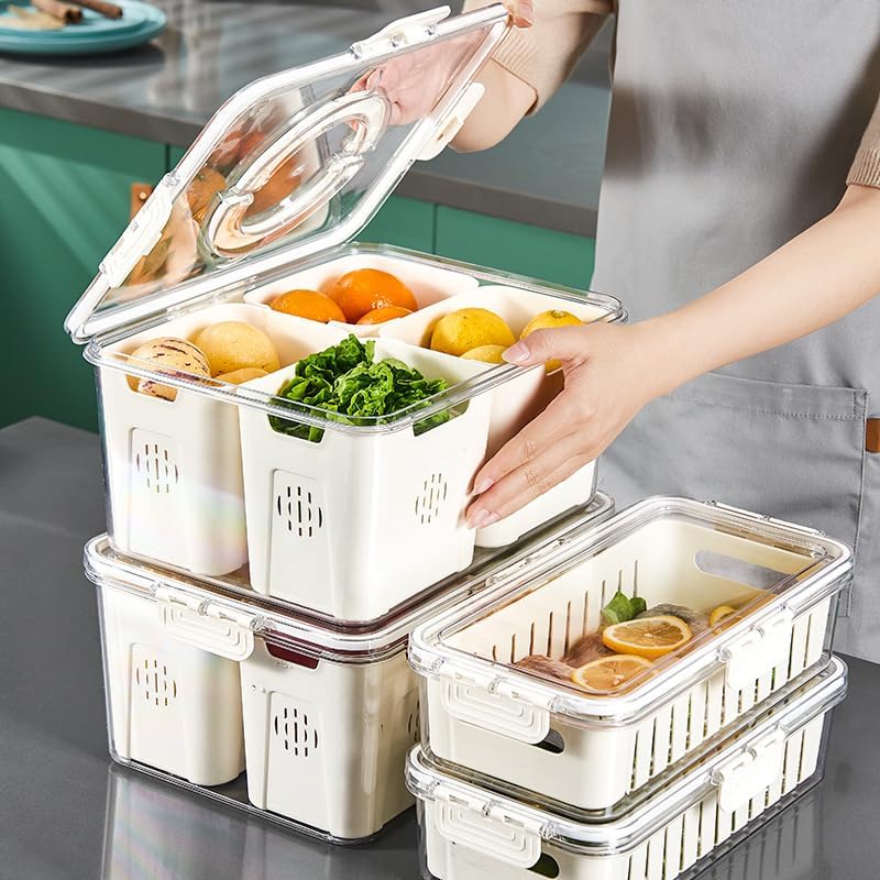 Fruit Storage Containers for Fridge with Lid and Handle, Veggie Tray Bins
