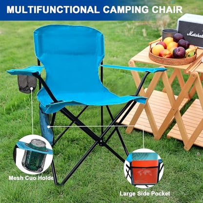 Folding Camping Collapsible Chairs Heavy Duty Lawn Chair with Cooler Bag, Storage Pocket, Waterproof Bag Outdoor Arm Chair, Supports 225LBS, Blue
