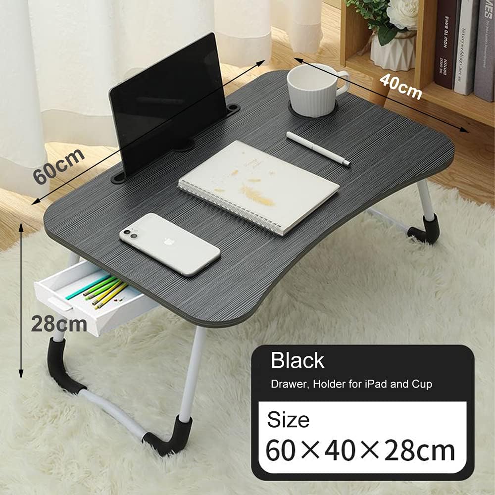 Home Office Lap Desk with Storage Drawer, Cup and Phone Holder, Laptop Bed Tray Table, 23.6" Foldable Desk, Laptop Stand for Breakfast, Working, Writing, Gaming and Drawing