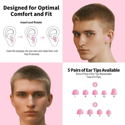 Ear Plugs for Sleeping Reusable Earplugs for Concerts Noise Cancelling Soft Silicone Noise Reduction Earbuds for Travel, Focus, Work 33-45dB Hearing Protection with 9 Ear Tips & Case (Pink)