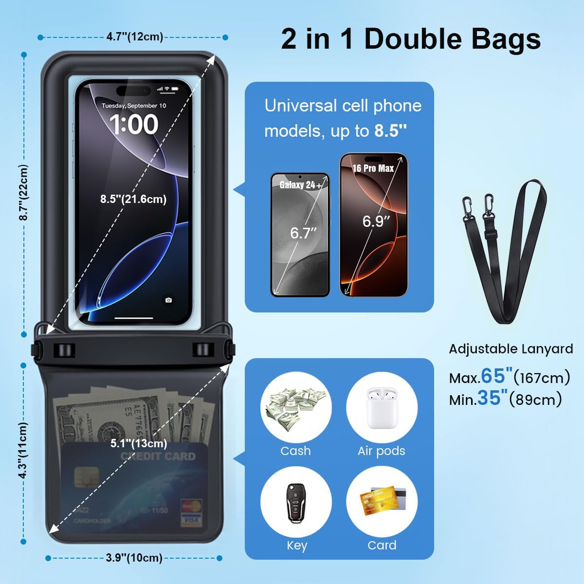 [Up to 8.5''] Waterproof Phone Pouch Floating, Double Bags Waterproof Phone Case with Lanyard for iPhone 16 15 Pro Max, Galaxy S25 S24 Ultra, IPX8 Cellphone Dry Bag Beach Cruise Ship Essentials 2 Pack