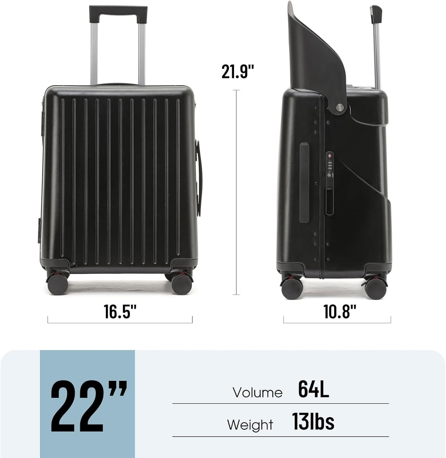 Hardside 22'' Luggage with Seat for Kids & Adults, 360° Lockable Spinner Wheels Travel Suitcase with TSA Approved Lock and Seat Belts(Black, 22-Inch)