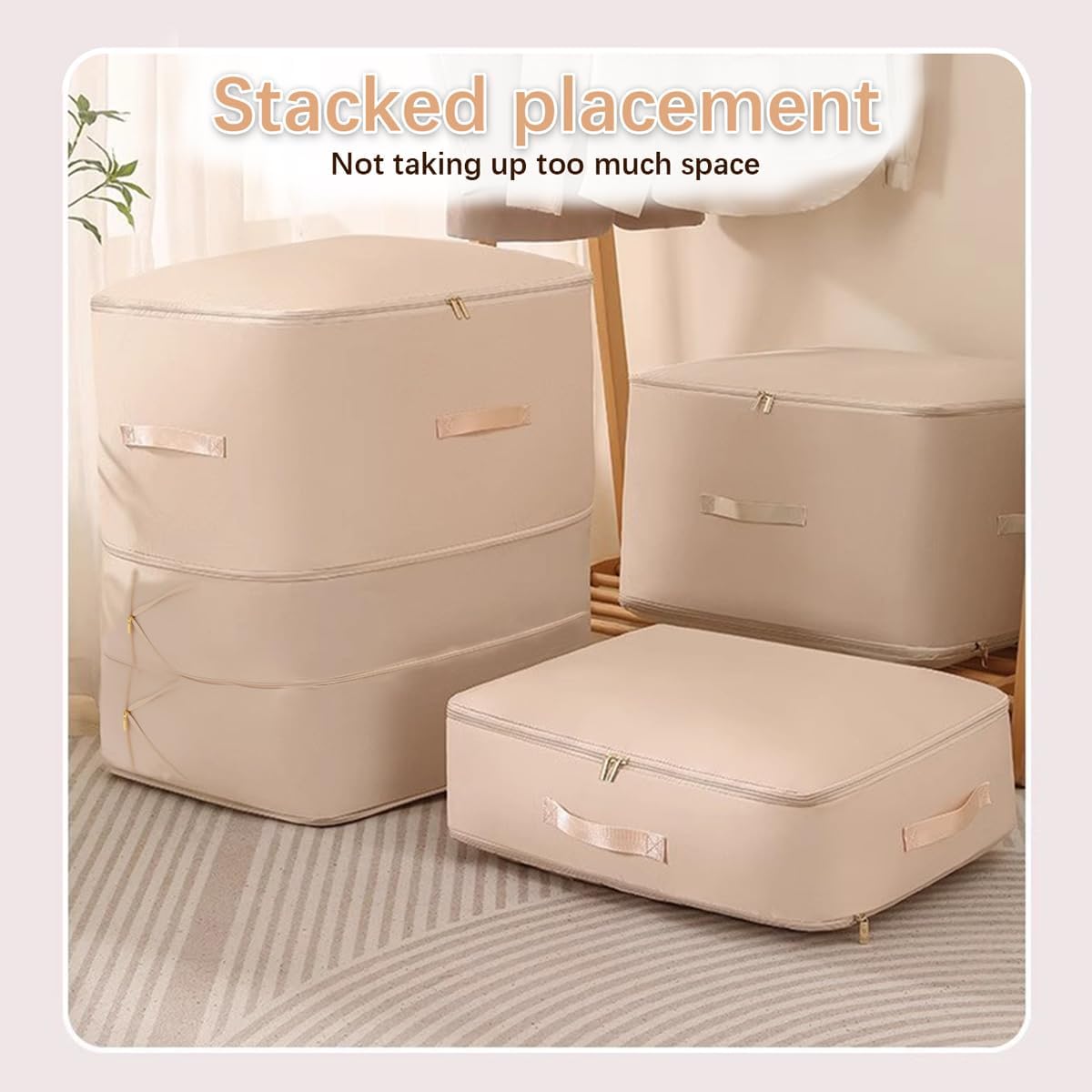 3PCS XL ultra space saving bags self compression organizer bags Space saver bag for comforters storage bag organizer for blankets bedding clothes (Beige-3PCS)