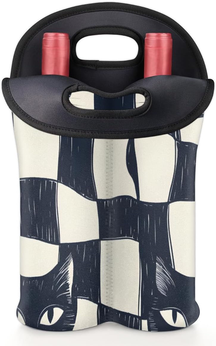Neoprene Wine Tote, Bottle Carrier Gag Insulating Neoprene Thicker, Insulated Wine Bag for Travel Holds Two Bottles, Bottle Carrier Bags Protect the Bottles, Checkered Cat