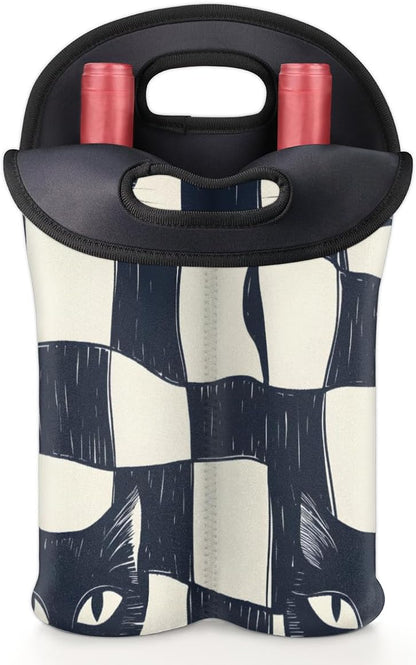 Neoprene Wine Tote, Bottle Carrier Gag Insulating Neoprene Thicker, Insulated Wine Bag for Travel Holds Two Bottles, Bottle Carrier Bags Protect the Bottles, Checkered Cat