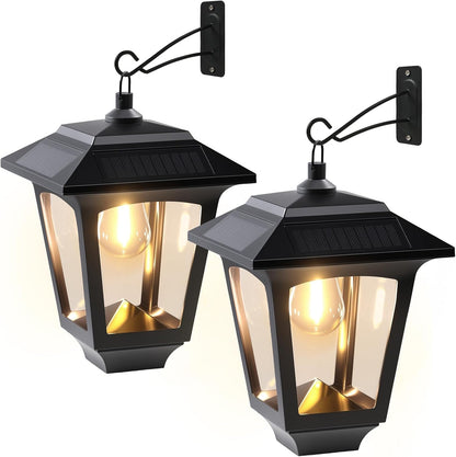 PASAMIC 2 Pack Solar Wall Lights with Replaceable Bulb, IP65 Waterproof Outdoor Sconce, 4 Solar Panels, 3000K Warm White, Automatic Dusk to Dawn Lighting for Porch, Garden, Patio, Garage, Fence
