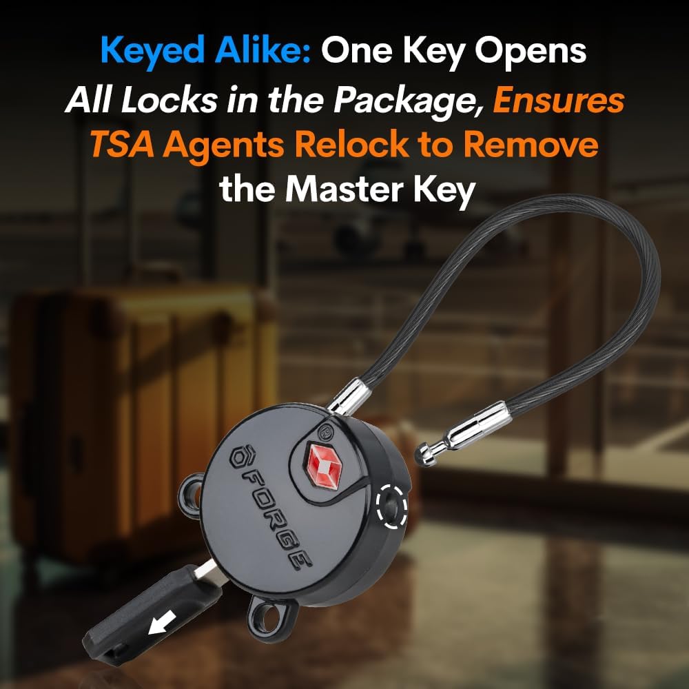 Forge TSA Approved Luggage Locks Ultra-Secure Dimple Key Cable Locks for Travel with Zinc Alloy Body- 6 Black Locks