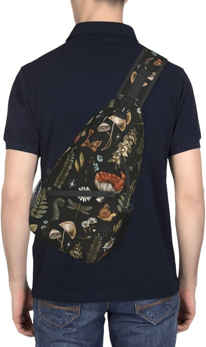 SUPLUCHOM Sling Bag Vintage Mushroom Leaf Forest Hiking Daypack Crossbody Shoulder Backpack Travel Chest Pack for Men Women Over 12 Years Old