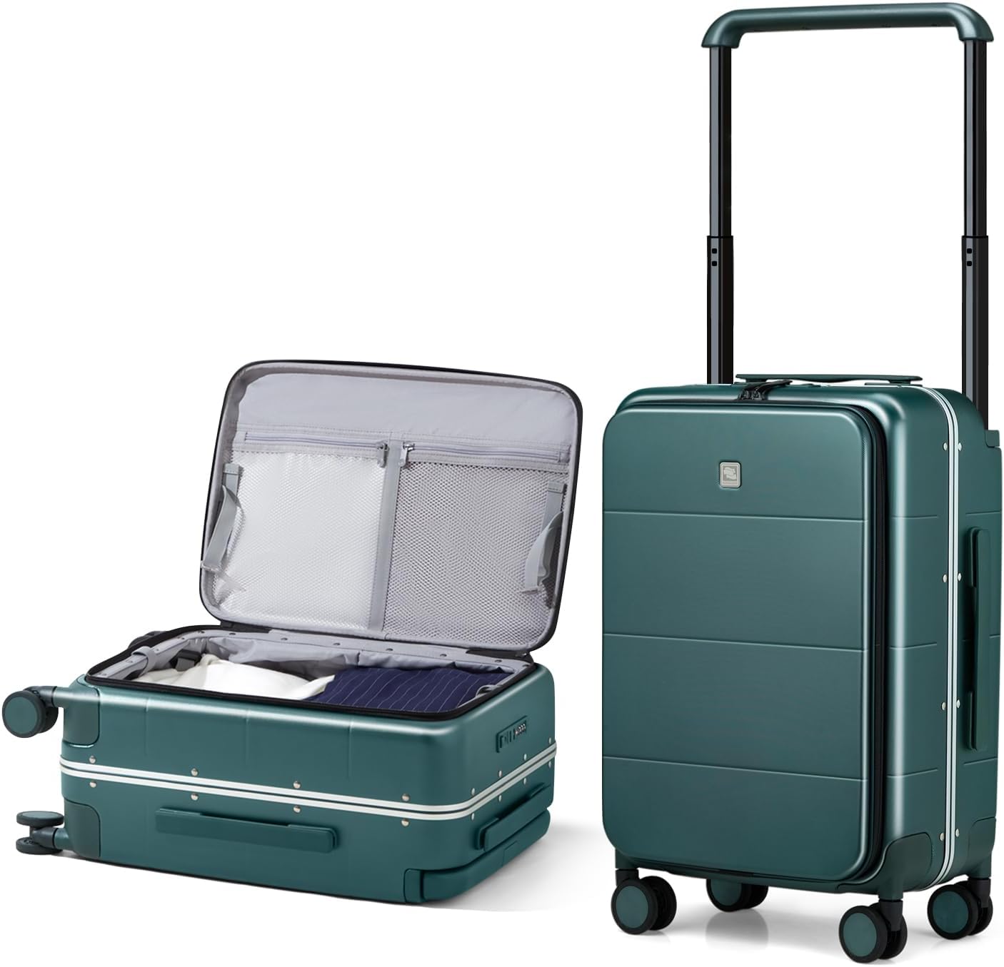 Hanke Top Opening Carry On Luggage, 20 Inch Zipperless Aluminum Frame Wide Handle Luggage, All-PC Hard Shell Trunk Suitcase with Spinner Wheels, TSA Airline Approved (Blackish Green, 40L)