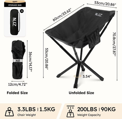 Small Camping Chair, Compact Folding Camping Chair for Adults-200 LBS Supported Lightweight Backpacking Chair for Outdoors Fishing, Hiking, Travel, Picnic, Beach Aluminum Chair(Black)