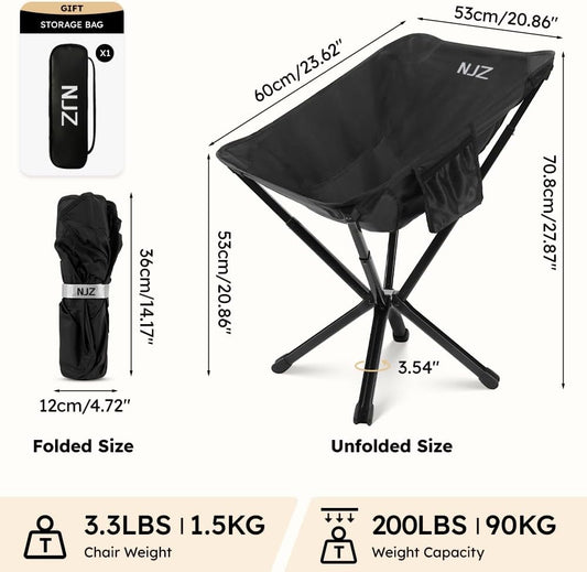 Small Camping Chair, Compact Folding Camping Chair for Adults-200 LBS Supported Lightweight Backpacking Chair for Outdoors Fishing, Hiking, Travel, Picnic, Beach Aluminum Chair(Black)
