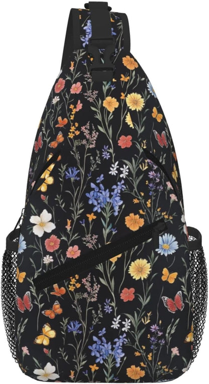 SUPLUCHOM Sling Bag Vintage Botanical Flower Wildflower Hiking Daypack Crossbody Shoulder Backpack Travel Chest Pack for Men Women