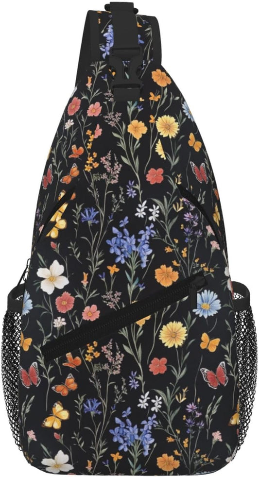 SUPLUCHOM Sling Bag Vintage Botanical Flower Wildflower Hiking Daypack Crossbody Shoulder Backpack Travel Chest Pack for Men Women
