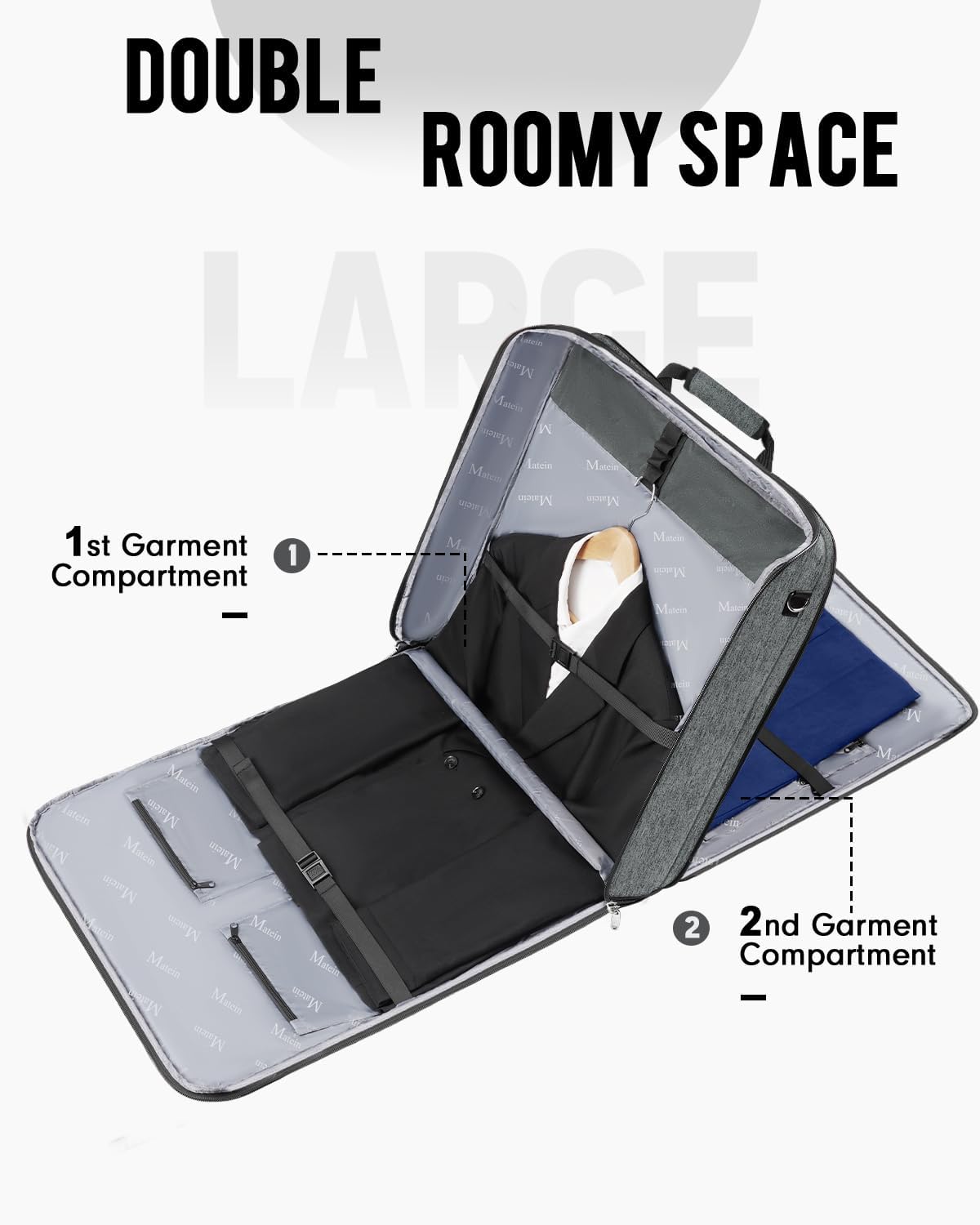 MATEIN Travel Garment Bag, Double Layer Folding Suit Bag with Adjustable Strap for Business Trips, Large Waterproof Wrinkle Free 2 in 1 Hanging Suitcase Cover Luggage for Shirts Dresses Coats, Grey
