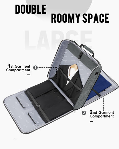 MATEIN Travel Garment Bag, Double Layer Folding Suit Bag with Adjustable Strap for Business Trips, Large Waterproof Wrinkle Free 2 in 1 Hanging Suitcase Cover Luggage for Shirts Dresses Coats, Grey