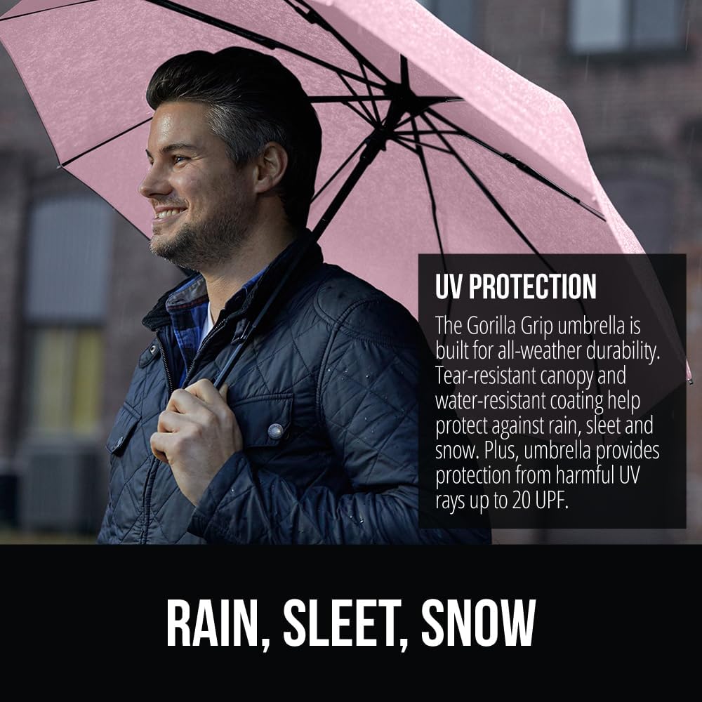 GORILLA GRIP Strong Stick Umbrella for Rain, Compact Travel One-Click Automatic Open Close, Lightweight, Portable, US Designed Reinforced Fiberglass Ribs, Wind Resistant, Easy Collapse, Pink