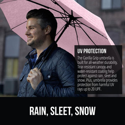 GORILLA GRIP Strong Stick Umbrella for Rain, Compact Travel One-Click Automatic Open Close, Lightweight, Portable, US Designed Reinforced Fiberglass Ribs, Wind Resistant, Easy Collapse, Pink