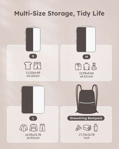 4 Set Compression Packing Cubes for Travel, Bonus Versatile Drawstring Backpack, Lightweight Luggage Organizer Bags, Sturdy Travel Accessories for Suitcase, Black