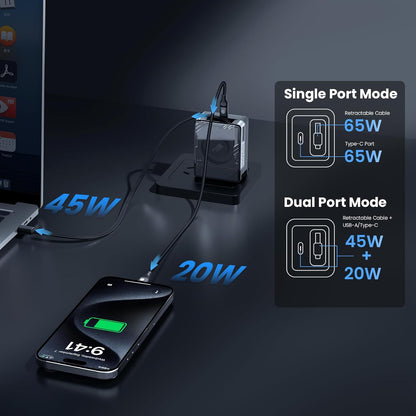 Nillkin FlexLine 65W for Retractable Wall Charger(GaN6), Dual-Port with 28.7in Retractable USB C Cable + 39.3in USB C Cable(Extra), iPhone Charger, MacBook, iPad, Samsung, Fast Charger - Black