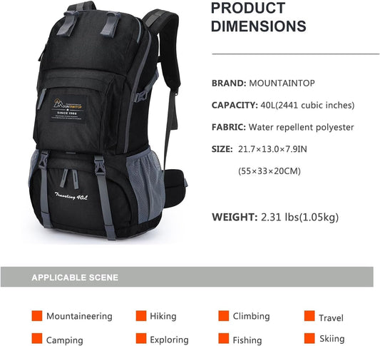 MOUNTAINTOP 40L Hiking Backpack Lightweight Travel Backpack for Men&Women Outdoor Camping Backpacking