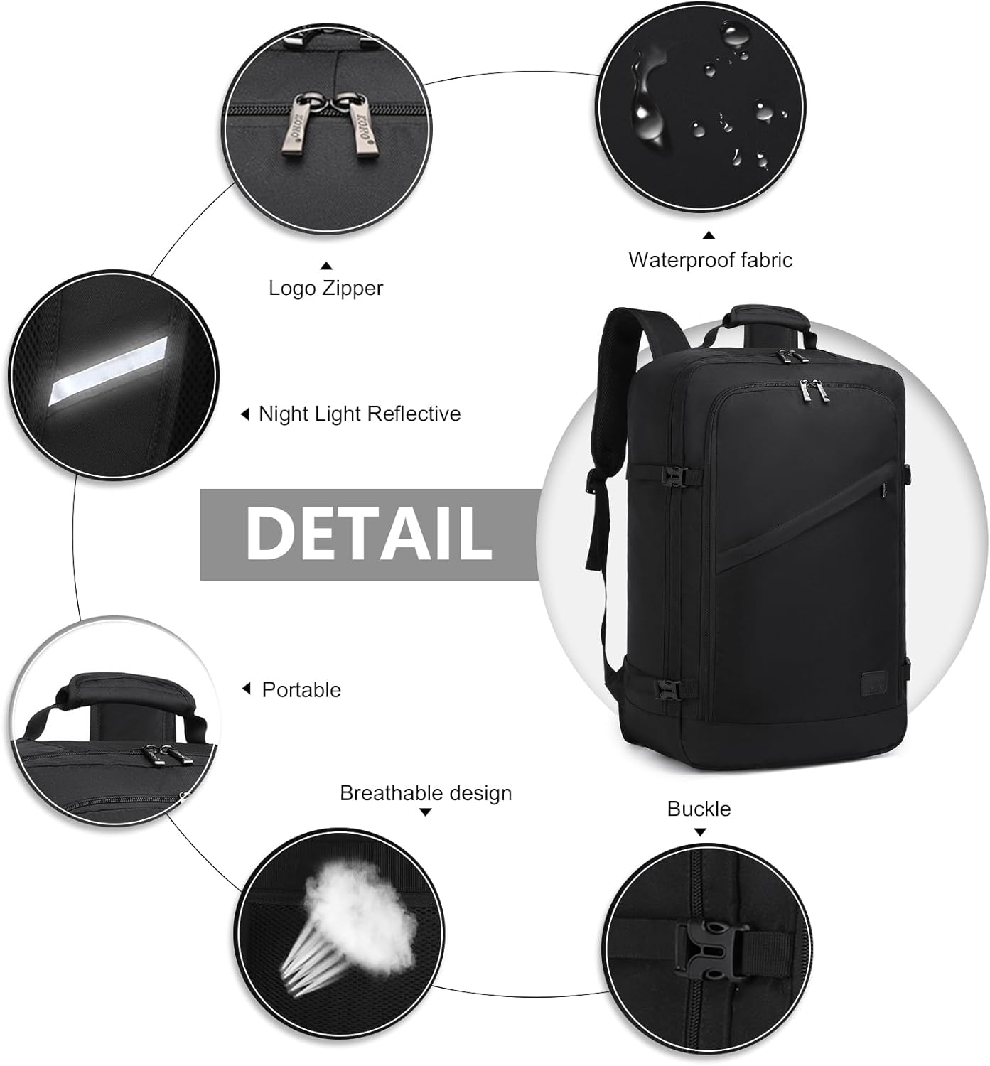 Kono Carry on Backpack, 22" Airplane Approved Travel Backpack for Men and Women, Waterproof Lightweight Daypack for Flight 40L (Black, Large)