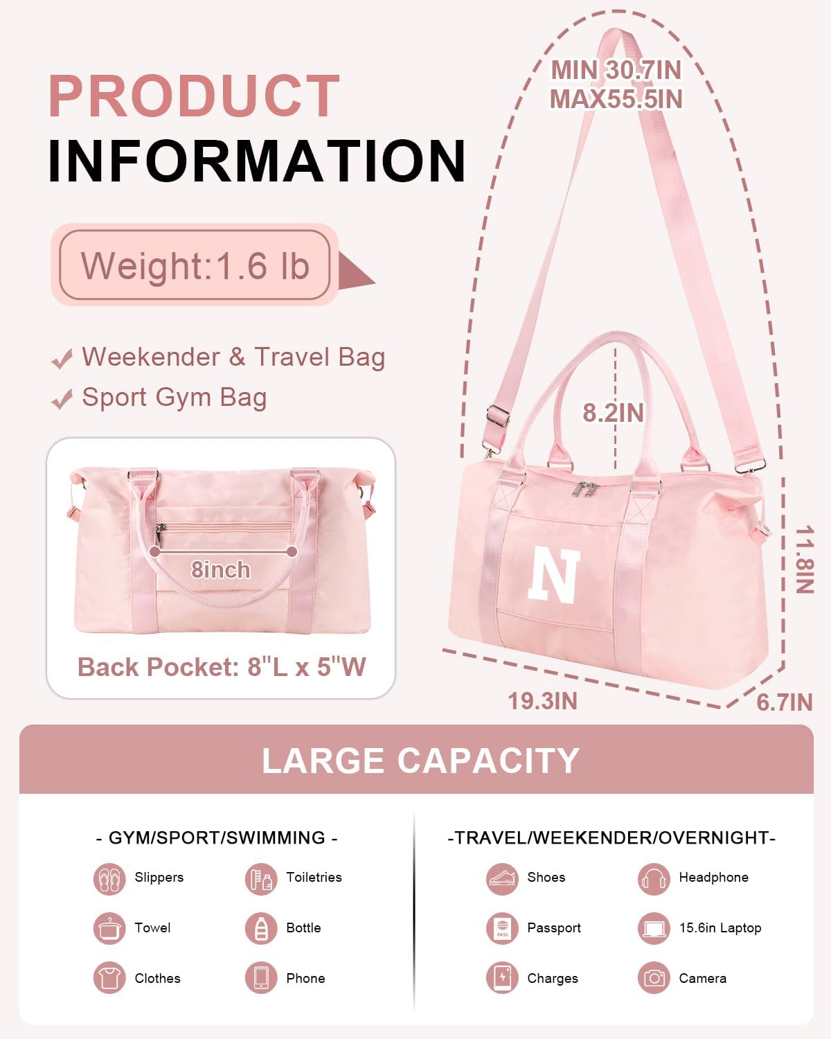 Initial Travel Duffel Bag Sports Gym Bag for Girls Teen Birthday Gifts,Pink Personalized Weekender Bag Carry On Tote Bags for Women Men,Waterproof Overnight Luggage Bag with Trolley Sleeve(Letter N)
