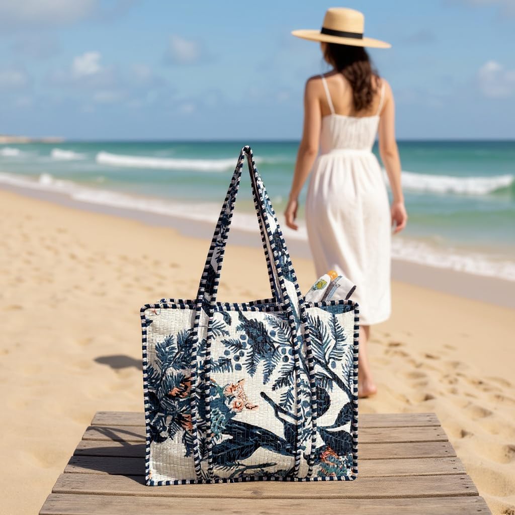 Cotton Quilted Tote Bag for Women – Large Beach & Travel Tote with Zipper, Reusable Grocery Bag