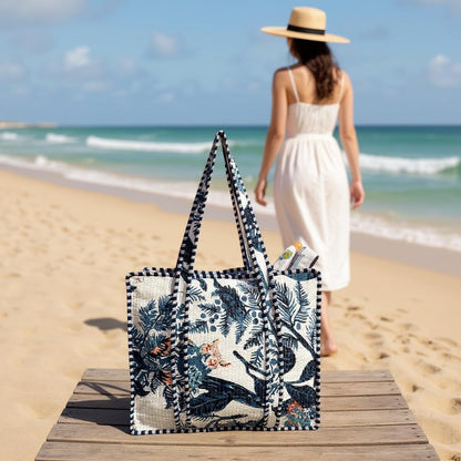 Cotton Quilted Tote Bag for Women – Large Beach & Travel Tote with Zipper, Reusable Grocery Bag