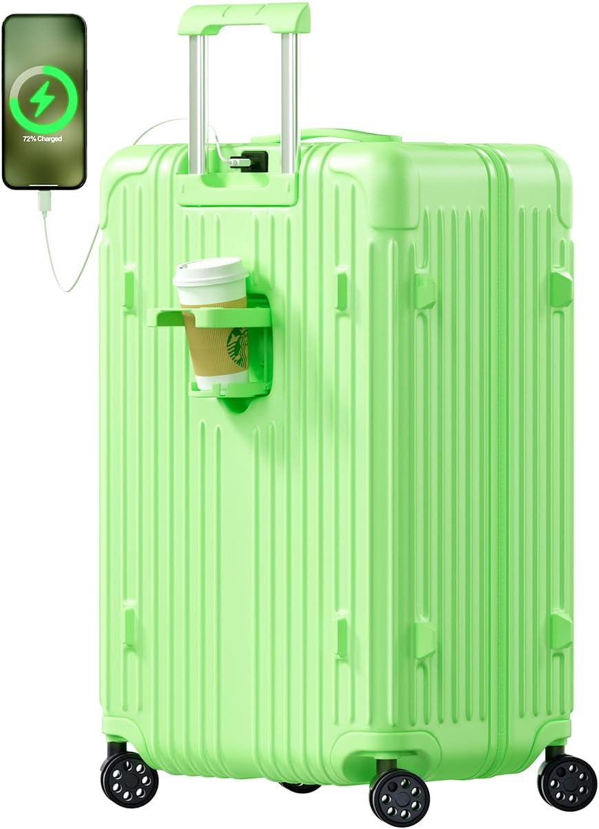 Krute Luggage with Spinner Double Wheels Suitcases with USB Port and Cup Holder TSA Lock PC+ABS Hardside Checked Luggage 28 Inch (AppleGreen