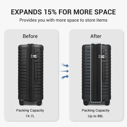 Kono 24 Inch Expandable Luggage Suitcase with Spinner Wheels, Durable Hardside Checked Luggage with Hidden Cup Holder, Lightweight Hard Shell Medium Suitcase with TSA Lock(Black)