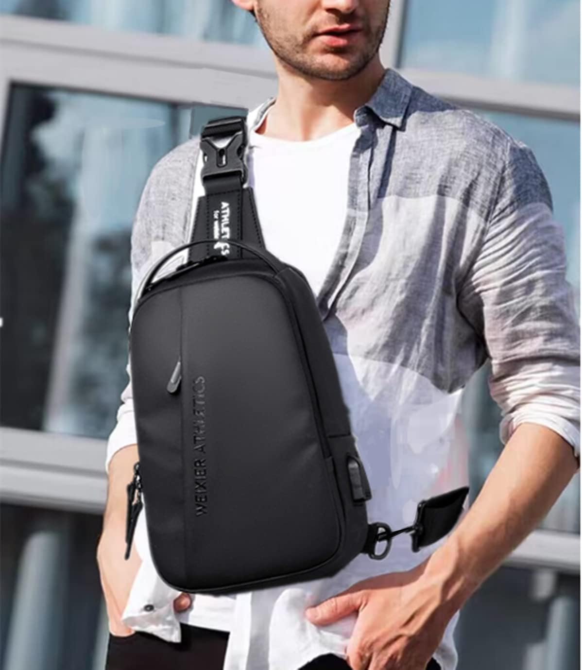 Waterproof Sling Bags Mens Shoulder Crossbody Backpack with USB Charging Port& Headphone,Outdoor Lightweight Bag