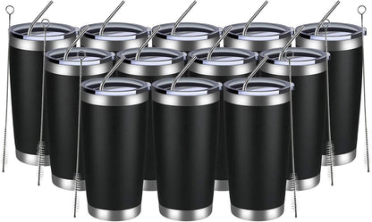 MEWAY 20oz Tumbler 12 Pack Double Wall Vacuum Insulated Travel Mug Bulk, Stainless Steel Tumblers with Lid and Straw, Durable Powder Coated Coffee Cups for Cold & Hot Drinks (Black, 12)