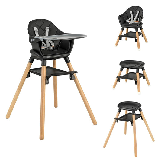 HONEY JOY Baby High Chair, 6 In 1 Convertible Wooden Highchair for Babies and Toddlers/Toddler Chair/Bar Stool, Removable Double Tray & Reversible Footrest, Safety Harness for Infant Boys Girls(Black)