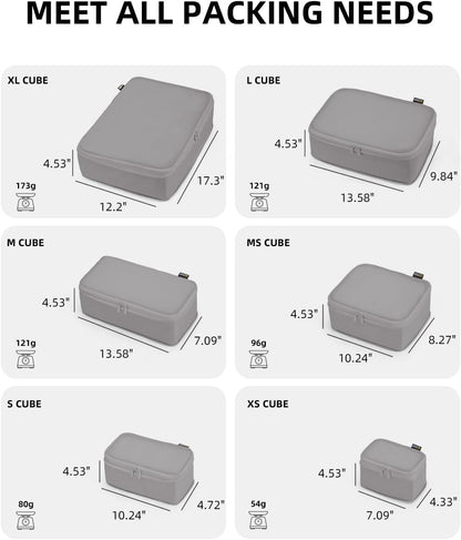6 Set Compression Packing Cubes for Travel, Large Medium Small Luggage Organizers, Storage Bags for Clothes (6 Pack, Silver Gray)