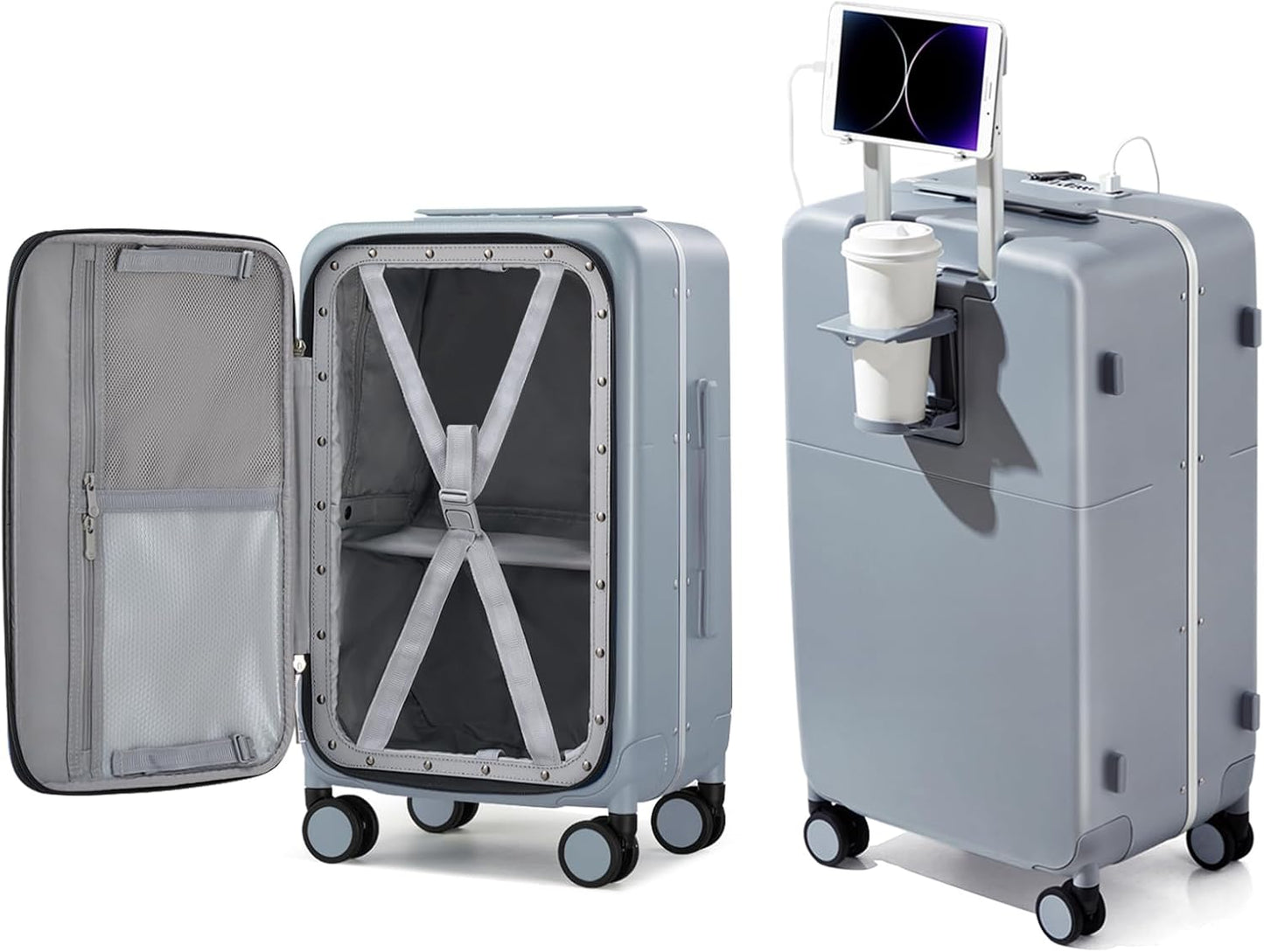 Hanke 20 Inch Carry On Luggage with Cup Holder and Charge,Top Opening Hard Shell Suitcases with Wheels and Dividers,Aluminum Frame Trunk Luggage Small Suitcase with Lock for Travel,Gray