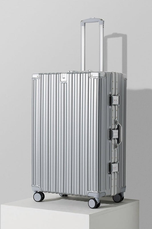 HotWay 26 Inch Aluminum Frame Luggage with Spinner Wheels, PC Hard Shell Suitcase with Cup Holder, Zipperless Luggage for Business Travel, Silver